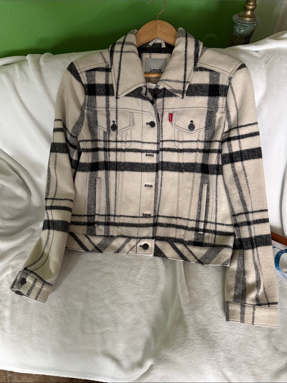 Levi's Cream and Black Plaid Wool-Blend Jacket